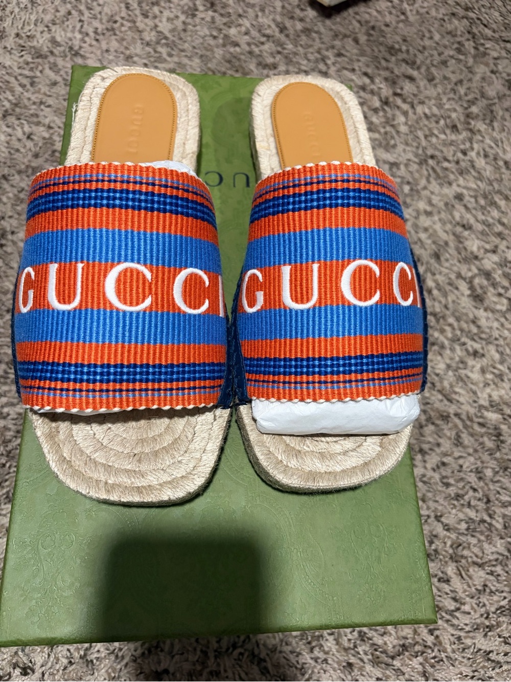 Gucci Orange and Blue Striped Logo Slide Sandals